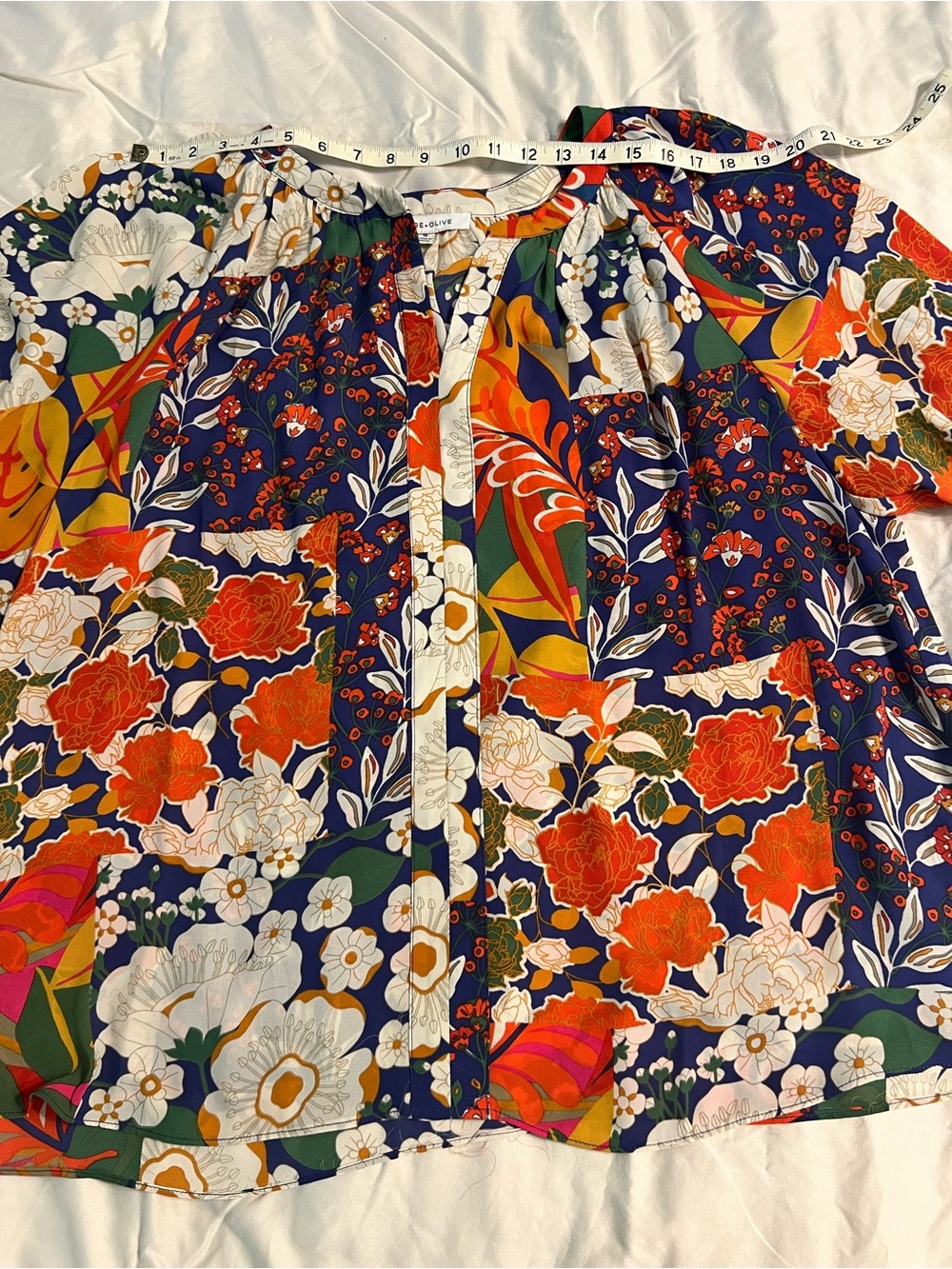 Rose & Olive Navy Floral Button-Front Women's Blouse - Orange & Green Print - Picture 4 of 5